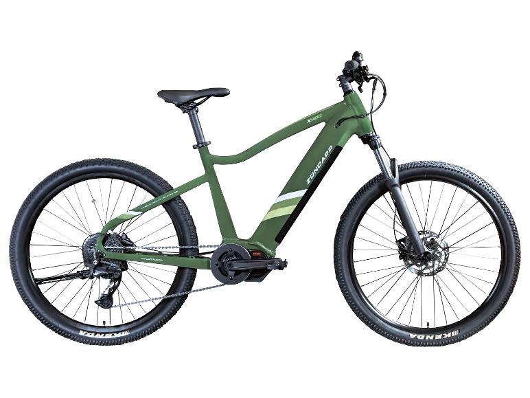 Grünes Zündapp X900 E-Mountainbike mit schwarzen Reifen und Komponenten.