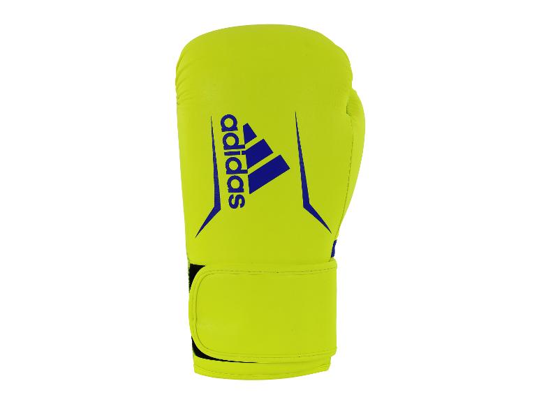 Neongelber Boxhandschuh mit blauen Akzenten und Handgelenkschlaufe