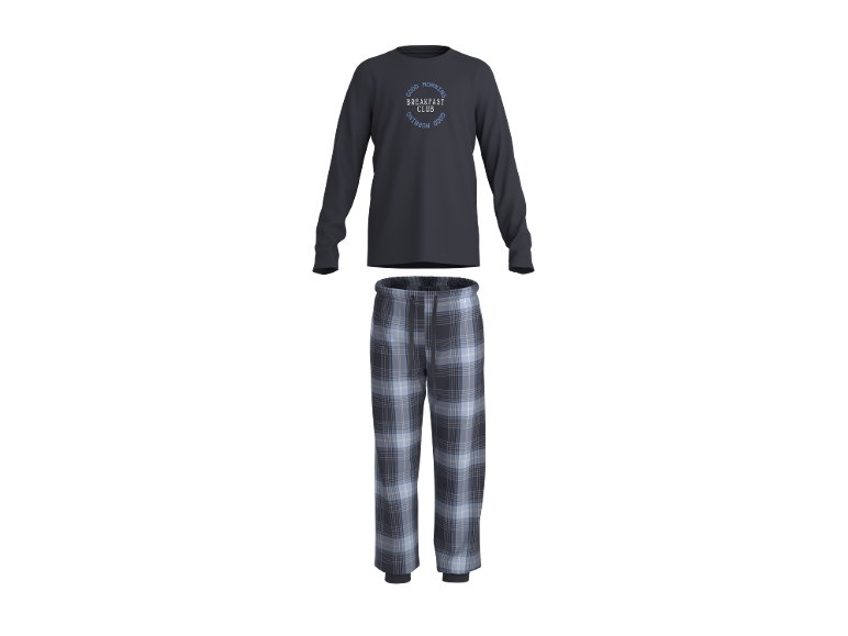 Dunkelblauer Pyjama mit Langarmshirt mit „GOOD MORNING BREAKFAST CLUB“-Aufschrift und karierter Hose.