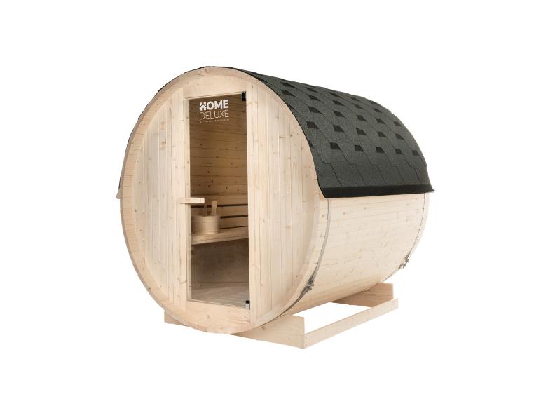 Hölzerne Fasssauna mit Schindeldach, Glastür und Zubehör, Marke Home Deluxe.