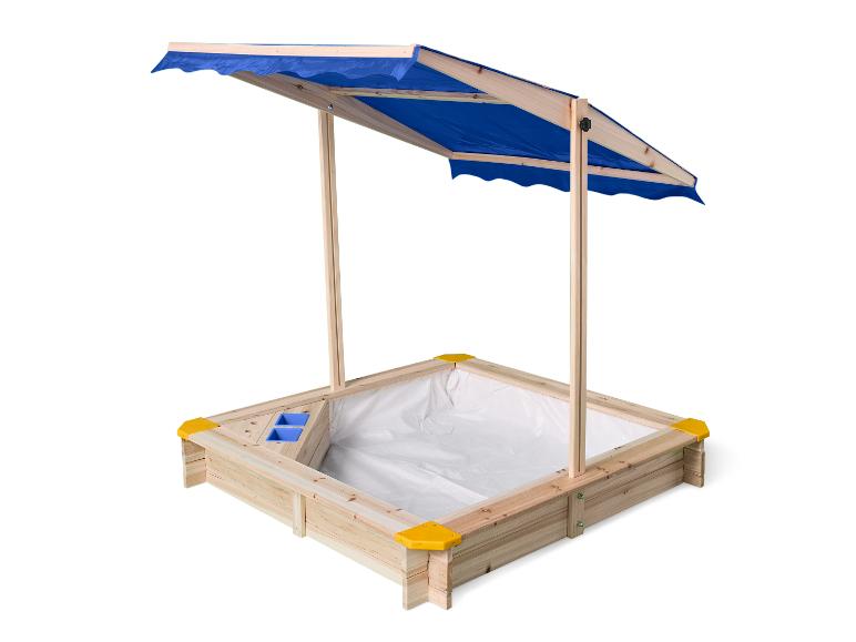 Kinder-Holzsandkasten mit blauem Sonnendach und gelben Eckelementen