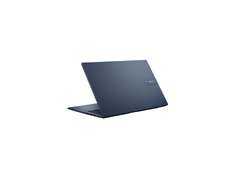 Dunkelblaues ASUS Vivobook X1704VA Notebook von hinten gesehen.