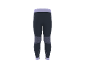 Schwarze Sportleggings mit lila Bund und Knöcheln, sowie strukturierten Mustern an den Knien.