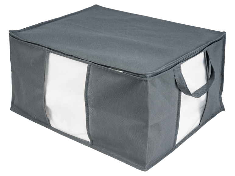 Graue Stoffaufbewahrungsbox mit Klarsichtfenstern und Griffen
