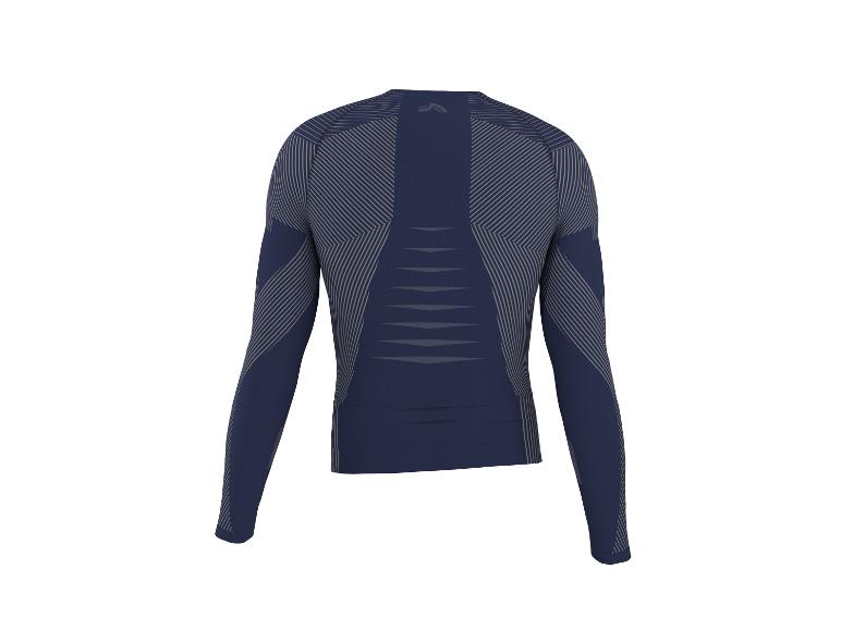 Dunkelblaues Langarm-Sportshirt mit grauen Streifen und Mustern.