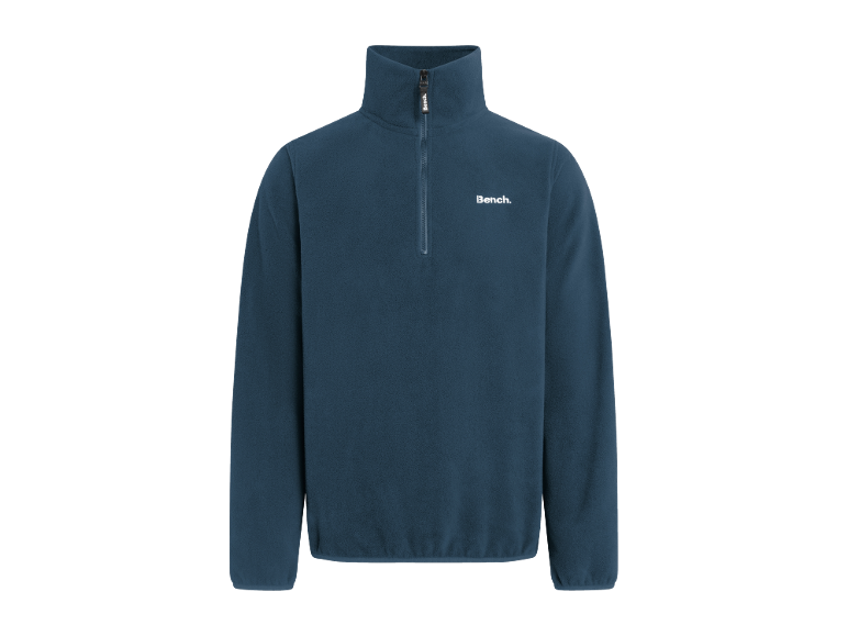 Blaues Fleece-Sweatshirt mit Reißverschluss am Hals und Stehkragen.
