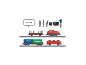 Modelleisenbahn-Set mit Lokomotive, Waggons, Gleisen und Steuereinheit.