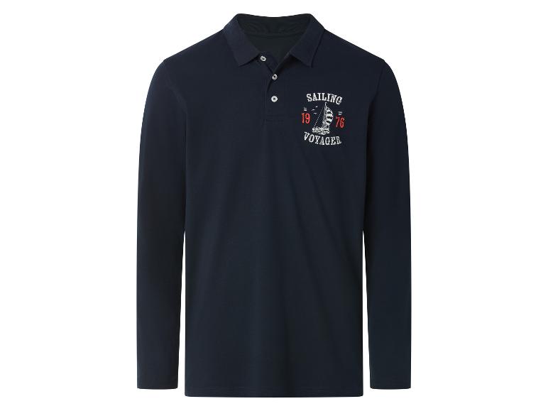 Herren-Langarm-Poloshirt in Marineblau mit „Sailing Voyager 1976“-Motiv.
