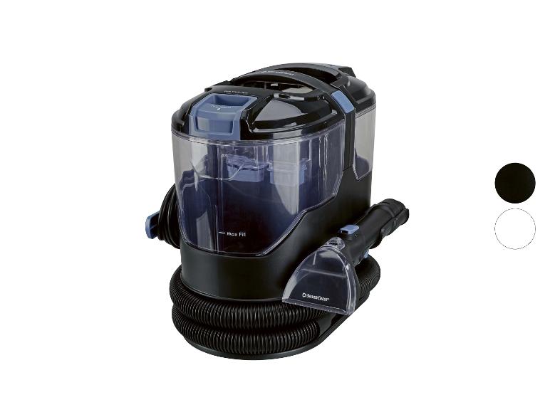 Schwarzer Teppichreiniger mit transparentem Wassertank und Zubehör.