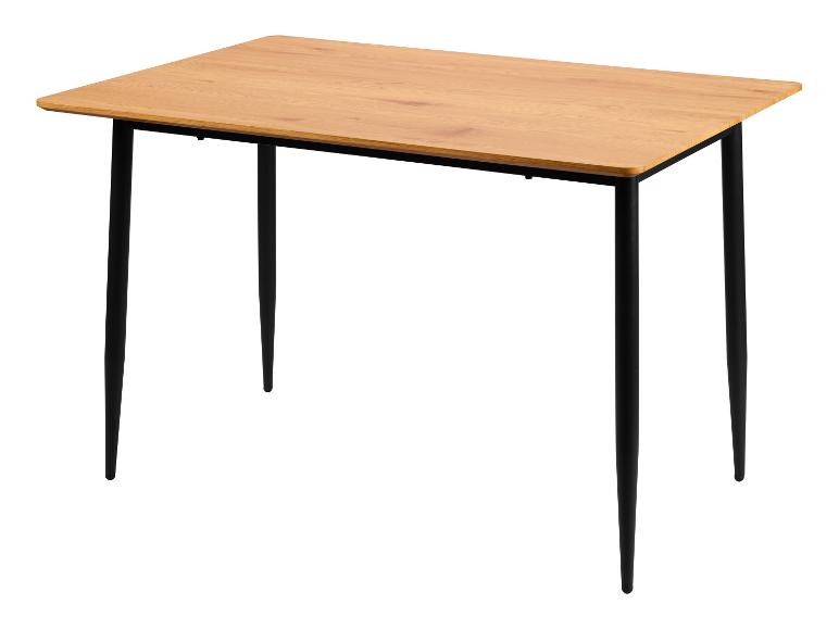 Rechteckiger Esstisch mit heller Holzplatte und schwarzen Beinen.