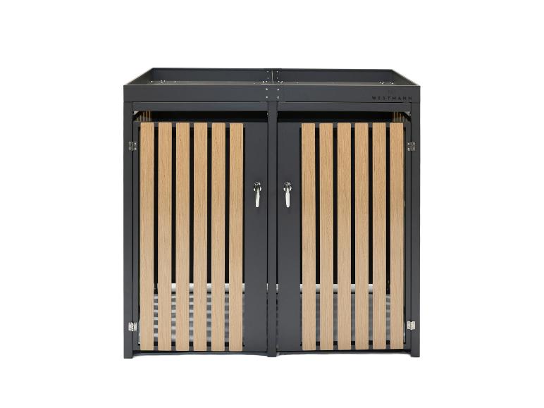 Mülltonnenbox mit zwei Türen aus Holzlatten und Metallrahmen.