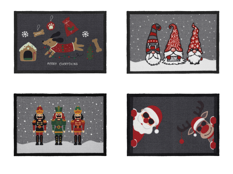 Weihnachtsfußmatten mit Zwergen, Nussknackern, Weihnachtsmann, Rentieren und Hund.