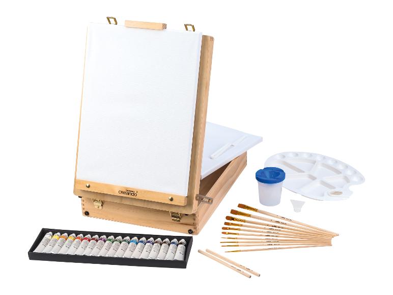 Crelado Kunstset mit Holzstaffelei, Farben, Pinseln und Palette.