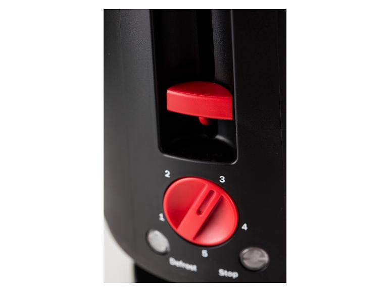 Ein schwarzer Toaster mit einem roten Bräunungsregler und einem roten Hebel.