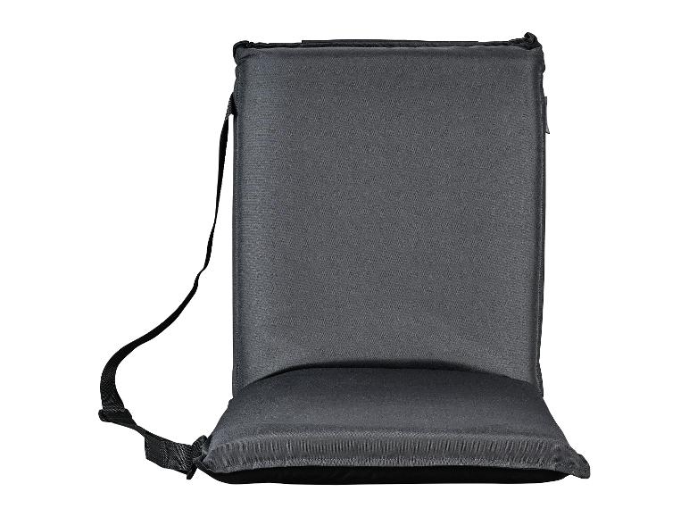 Schwarzes, faltbares Sitzkissen mit Schultergurt.