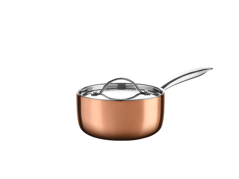 Kupferfarbener Topf mit Deckel und Metallgriff.