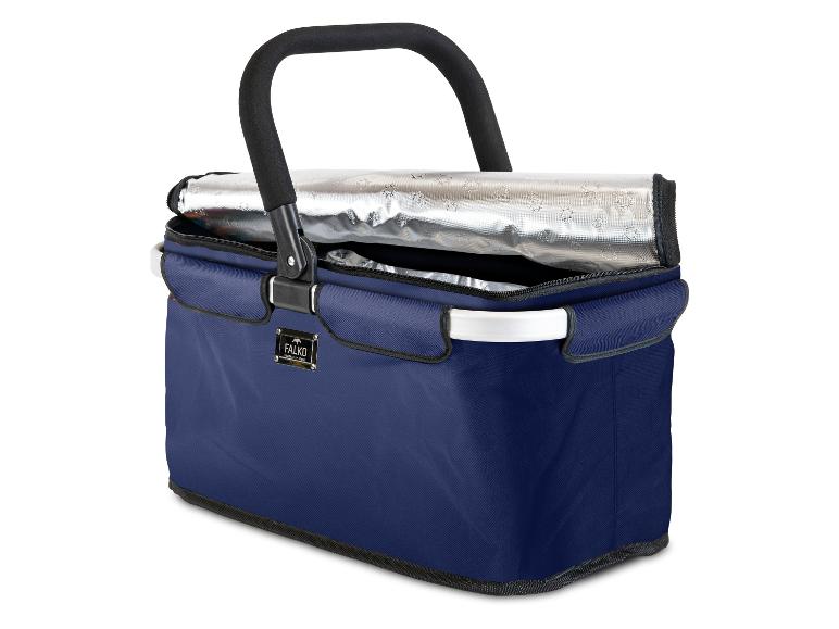 FALKO faltbarer Picknickkorb in Blau mit isoliertem Innenraum und schwarzem Griff.