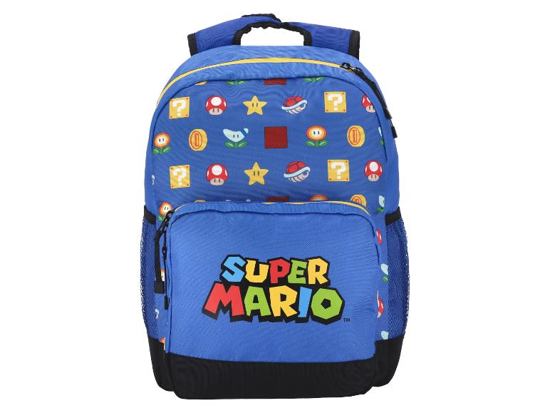 Blauer Super Mario Rucksack mit ikonischen Spielelementen.