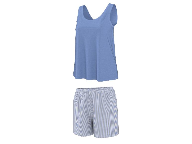 Damen-Set aus blauem Tanktop und gestreiften Shorts.