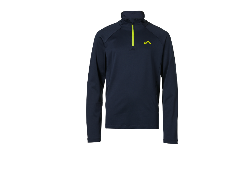 Dunkelblaues Langarm-Sportoberteil mit neongelbem Halb-Reißverschluss und Logo.