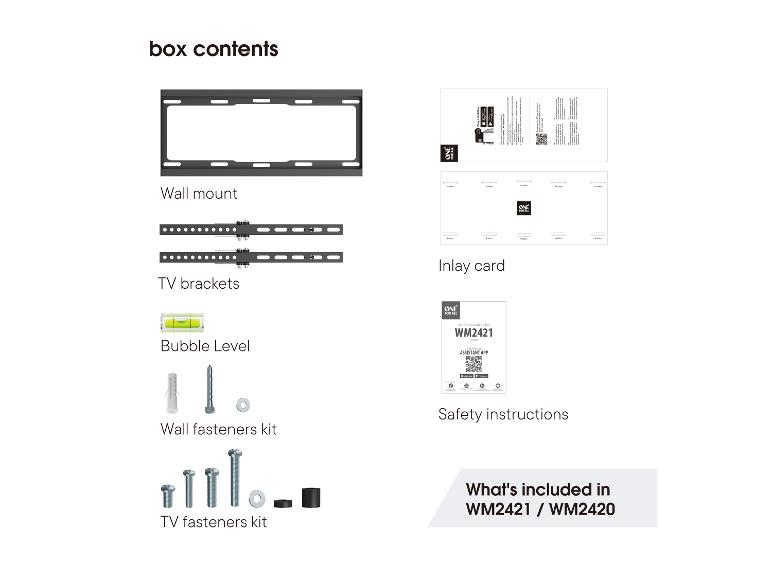 Kartoninhalt für eine TV-Wandhalterung, bestehend aus Wandhalterung, TV-Halterungen, Wasserwaage und verschiedenen Befestigungselementen.