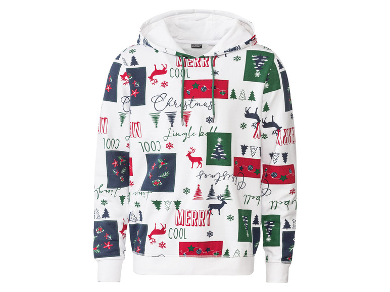Weißer Hoodie mit Weihnachtsmotiv, mit Rentieren und Weihnachtsbäumen.