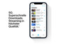 Ein iPhone mit der Apple TV-App, die 5G-Geschwindigkeiten und Streaming in höchster Qualität bewirbt.