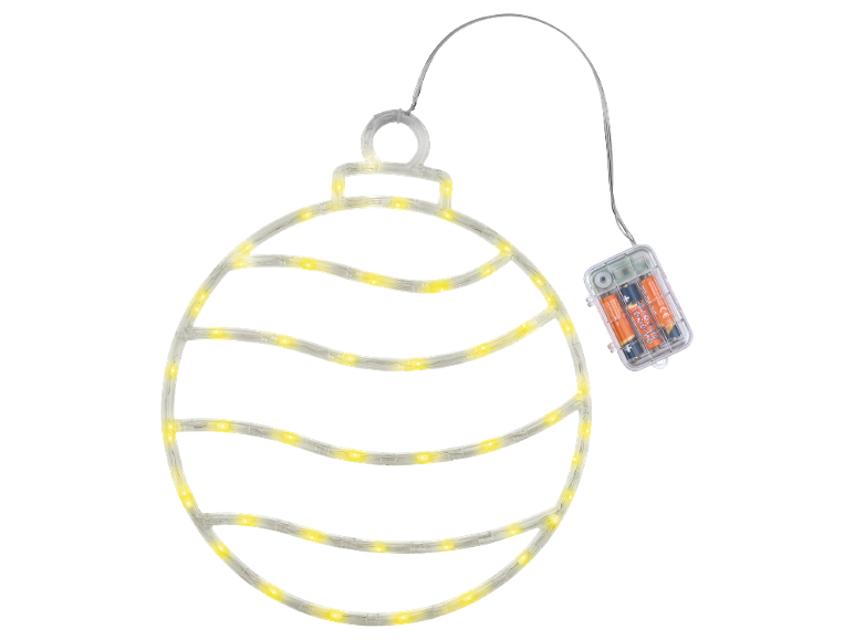 Weihnachtsbaumschmuck LED-Licht mit Batteriefach, geformt wie eine gestreifte Kugel.