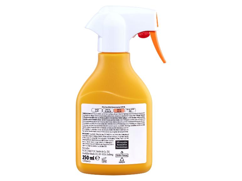 Kinder Sonnenspray LSF 50, 250 ml, mit Anweisungen und Inhaltsstoffen.