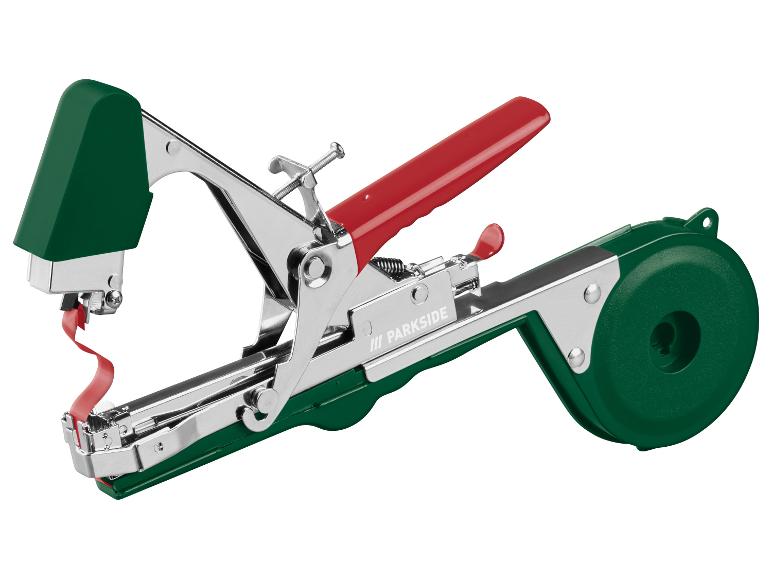 Grüne und rote Pflanzenbindemaschine mit rotem Band.