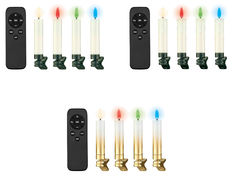 LED-Kerzen mit Fernbedienung, erhältlich in Dunkelgrün und Gold, mit farbigen Flammen.