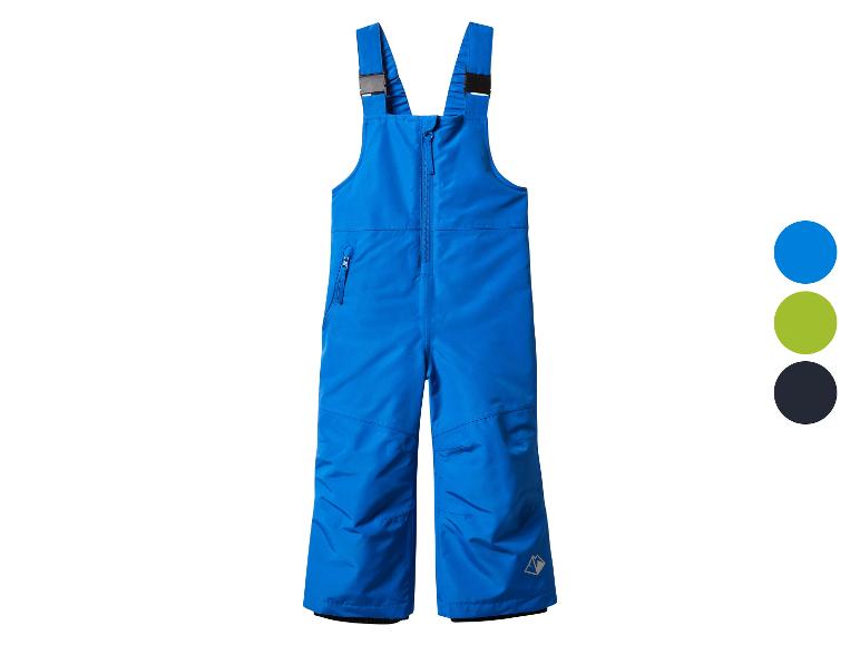 Blaue Kinder-Schneehose mit verstellbaren Trägern und kleinem Logo.
