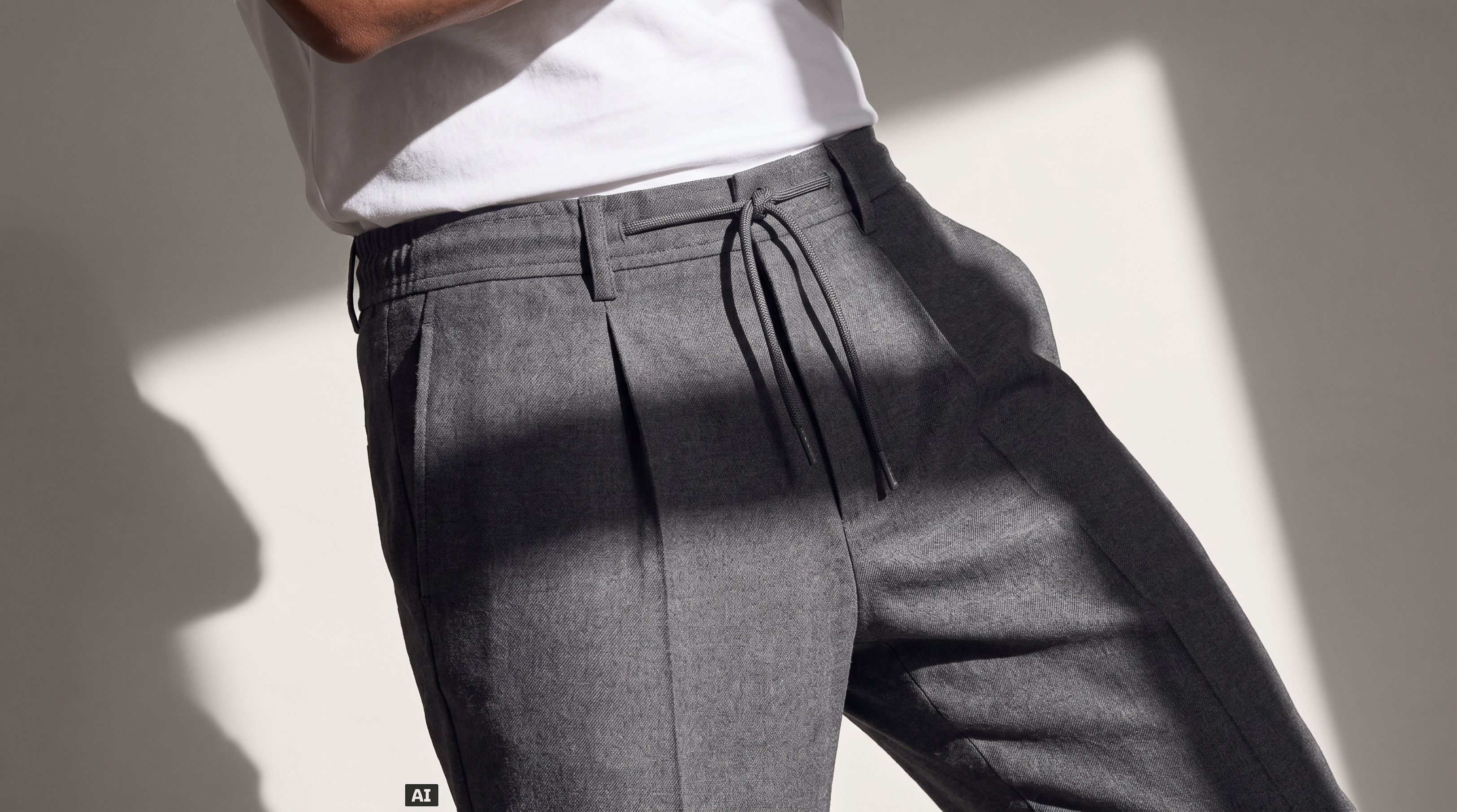 Dieses Bild ist KI-generiert: Ein männliches Model trägt die Hose in der Farbe Grau.