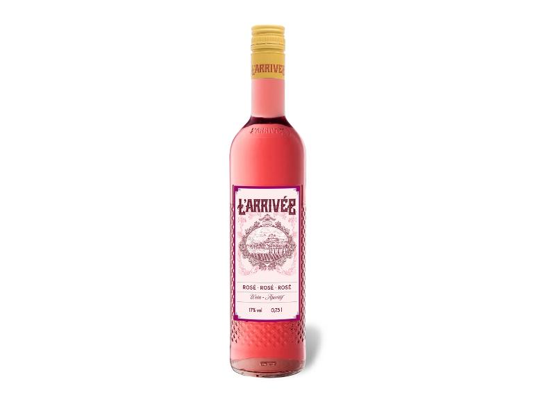 Flasche L'Arrivée Rosé Wein-Aperitif mit rosa Etikett und goldenem Verschluss.