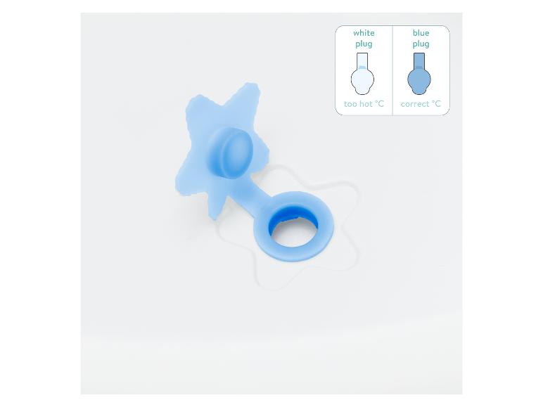 Blauer sternförmiger Badewannenstöpsel mit Temperaturanzeige.