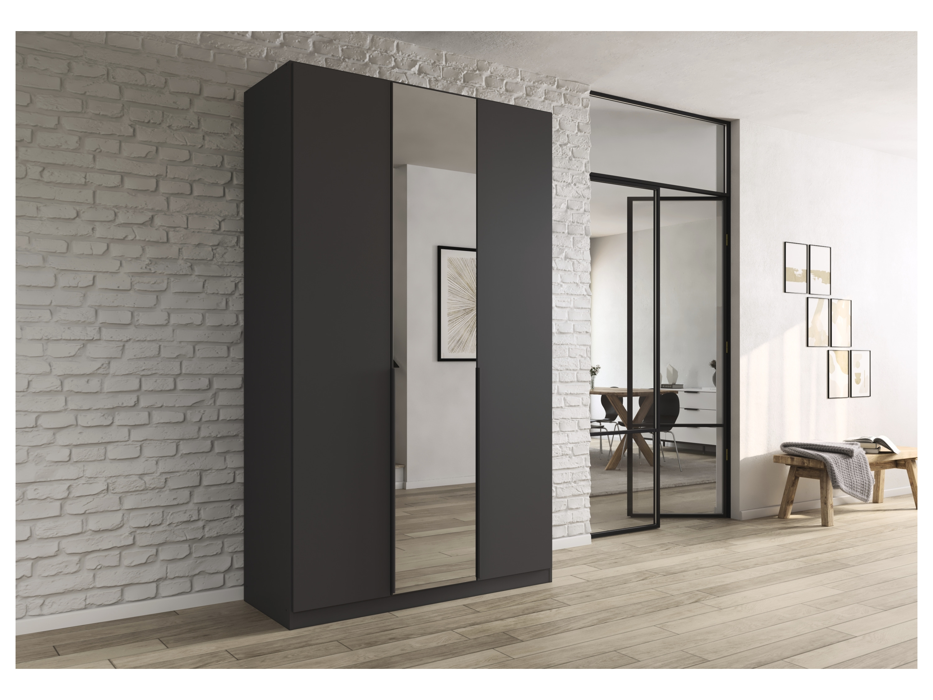 RAUCH ORANGE Drehtürenschrank Alabama mit Spiegel (Classic-Zubehör, Graumetallic, Griffe Grau, 136 x 229 cm) – Bild 2 von 4