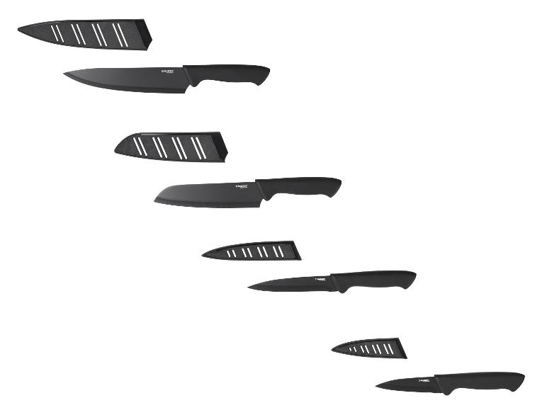Schwarze Küchenmesser mit Schutzhüllen, darunter Kochmesser, Santoku und Allzweckmesser.