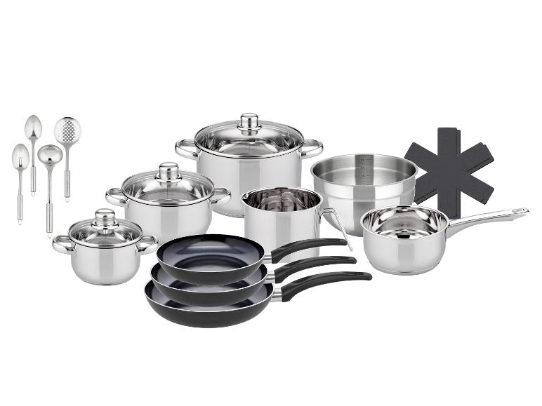 Kochgeschirr-Set aus Edelstahl und antihaftbeschichteten Pfannen