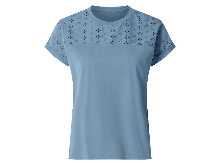 Damen-T-Shirt in Blau mit kurzen Ärmeln und gestickten Cut-Out-Details an den Schultern.