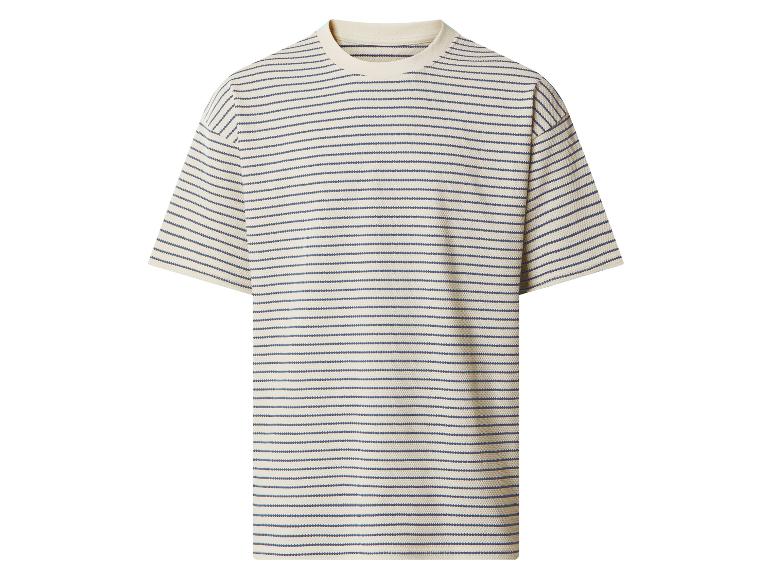 Gestreiftes, strukturiertes Kurzarm-T-Shirt in Weiß und Blau.