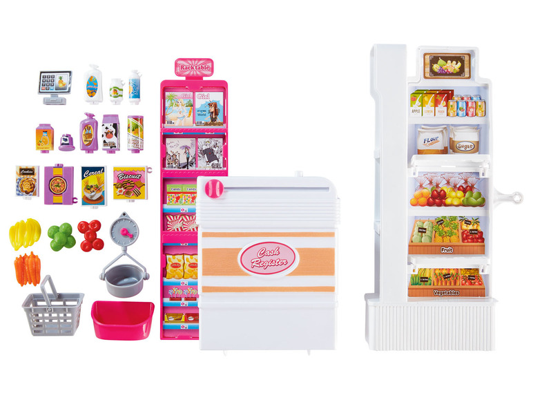 Spielzeug-Supermarkt mit Kasse, Obst, Gemüse, Süßigkeiten und anderen Lebensmitteln.