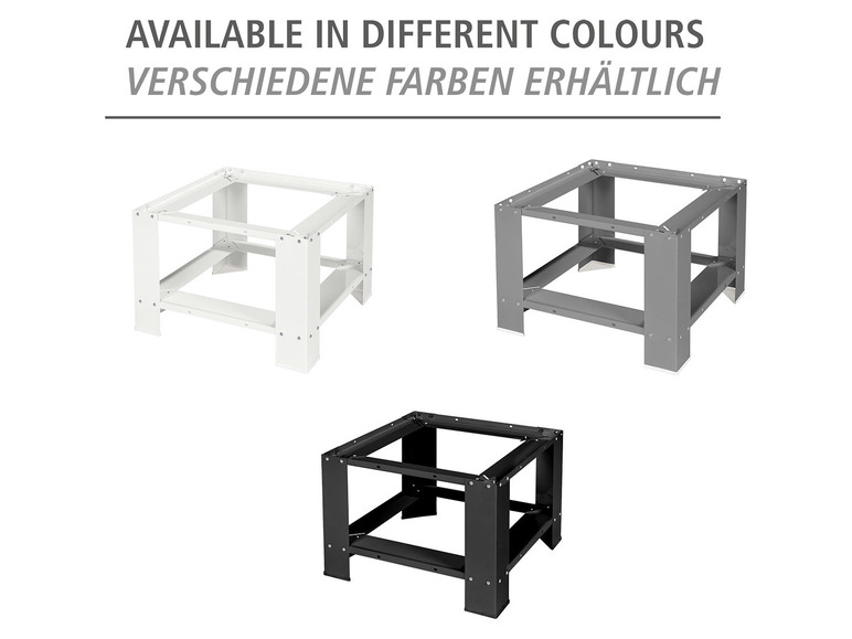 Weiße, graue und schwarze Metall-Untergestelle für Waschmaschinen.