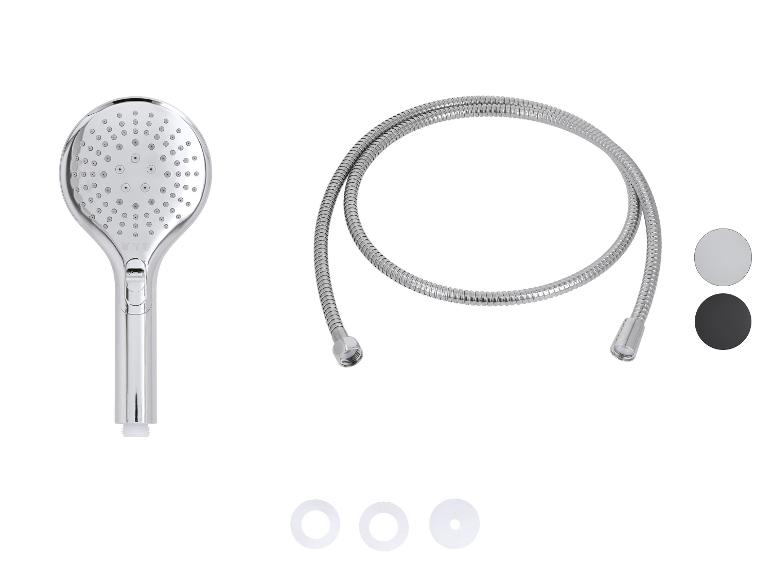 Verchromte Handbrause mit Schlauch, inklusive zwei Farbmustern und drei weißen Ringen.