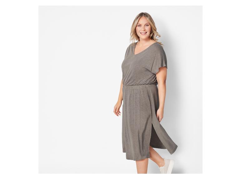 Graues Midikleid, V-Ausschnitt, lässiger Stil.