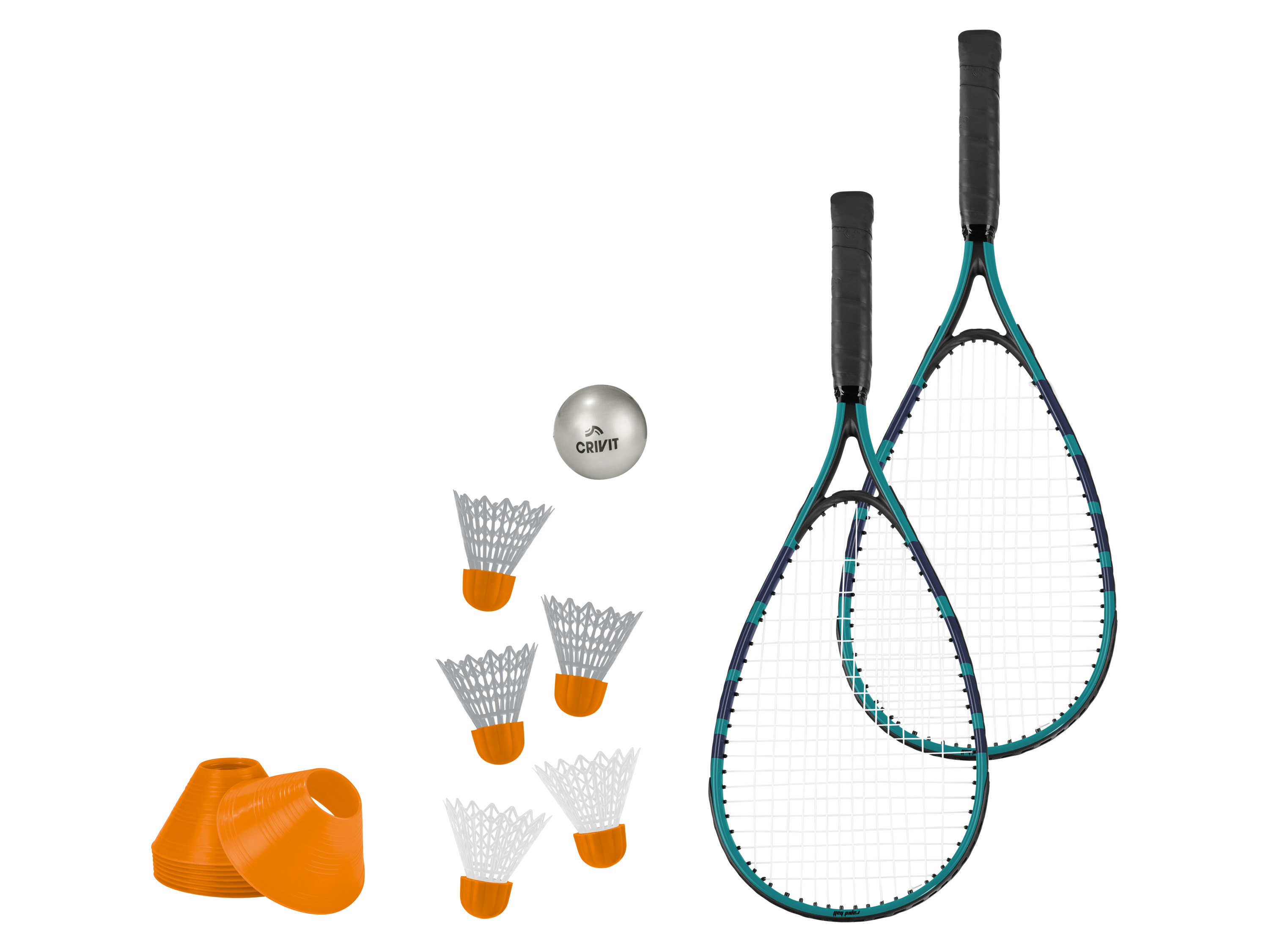 CRIVIT Rapid Ball Set (hellblau/blau)““ | 5 windstabile Rapid-Ball-Federbälle 2 x Einsteiger, 3 x Fortgeschrittene, 8 Markierungskappen zum Feldabstecken, 1 Softball, Tragetasche““