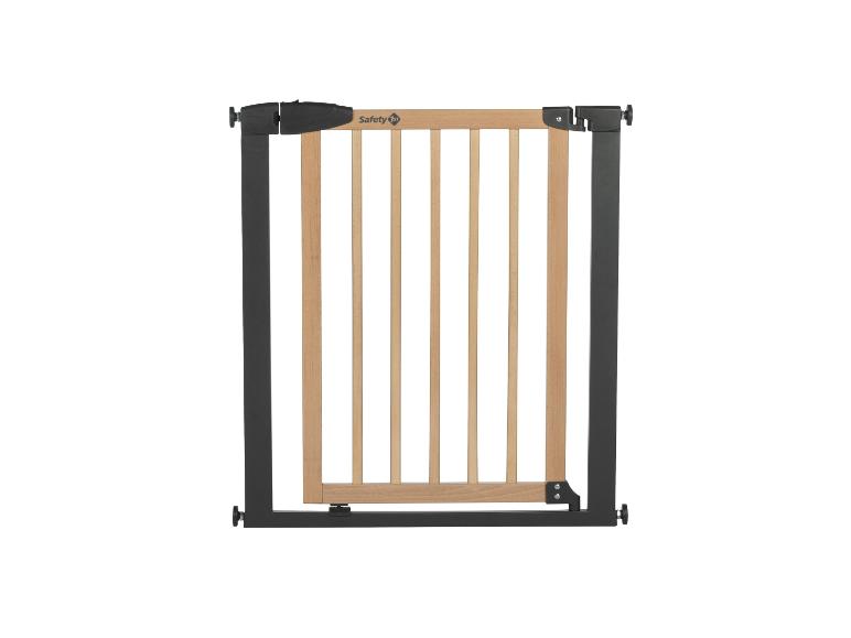 Kinderschutzgitter mit Holzlatten und schwarzem Metallrahmen.