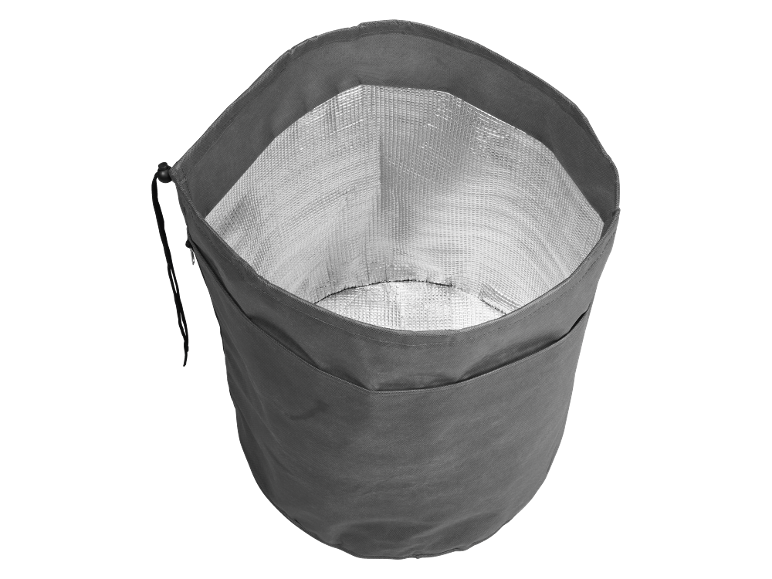 Graue faltbare Kühltasche mit silbernem isoliertem Innenraum und Kordelzug.