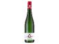 Weißweinflasche mit rotem Verschluss und Etikett mit der Aufschrift „Kabinett Riesling Feinherb“.