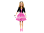 Blonde Puppe in rosa Kleid, schwarzer Jacke und rosa Stiefeln, hält Sonnenbrille.