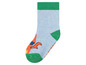 Blaue Socken mit grünen Akzenten und einem orangefarbenen Dinosaurier.